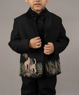 Black cotton blend embroidery tuxedo set 4