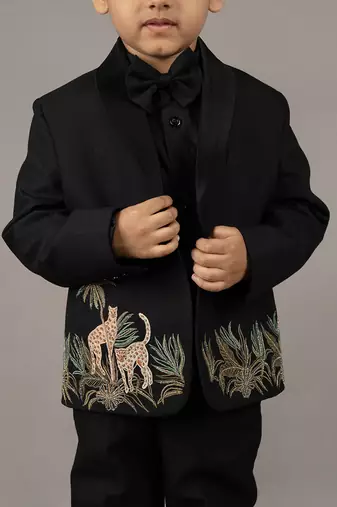 Black cotton blend embroidery tuxedo set