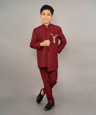 Maroon viscose blend embroidery bandhgala set 1