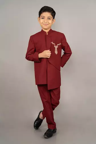 Maroon viscose blend embroidery bandhgala set