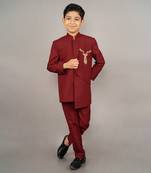 Maroon viscose blend embroidery bandhgala set