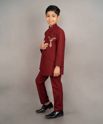 Maroon viscose blend embroidery bandhgala set 2