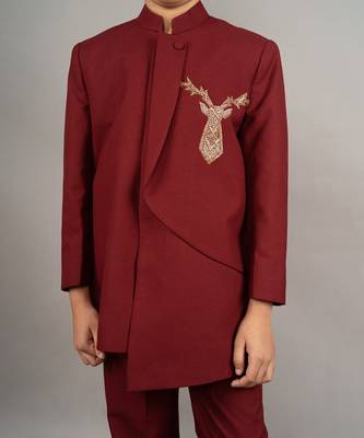 Maroon viscose blend embroidery bandhgala set 4