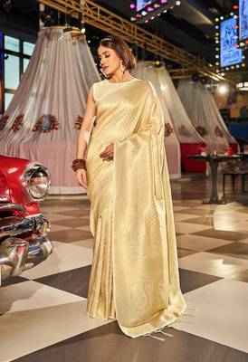 White Kandini Silk bland golden border banarasi style saree with Blouse 1