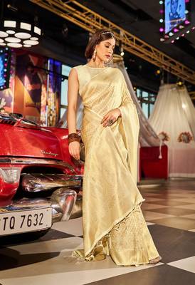 White Kandini Silk bland golden border banarasi style saree with Blouse 2