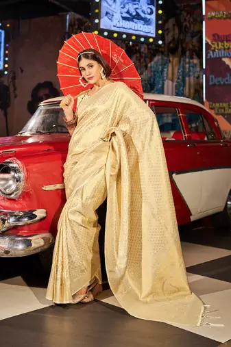 White Kandini Silk bland golden border banarasi style saree with Blouse