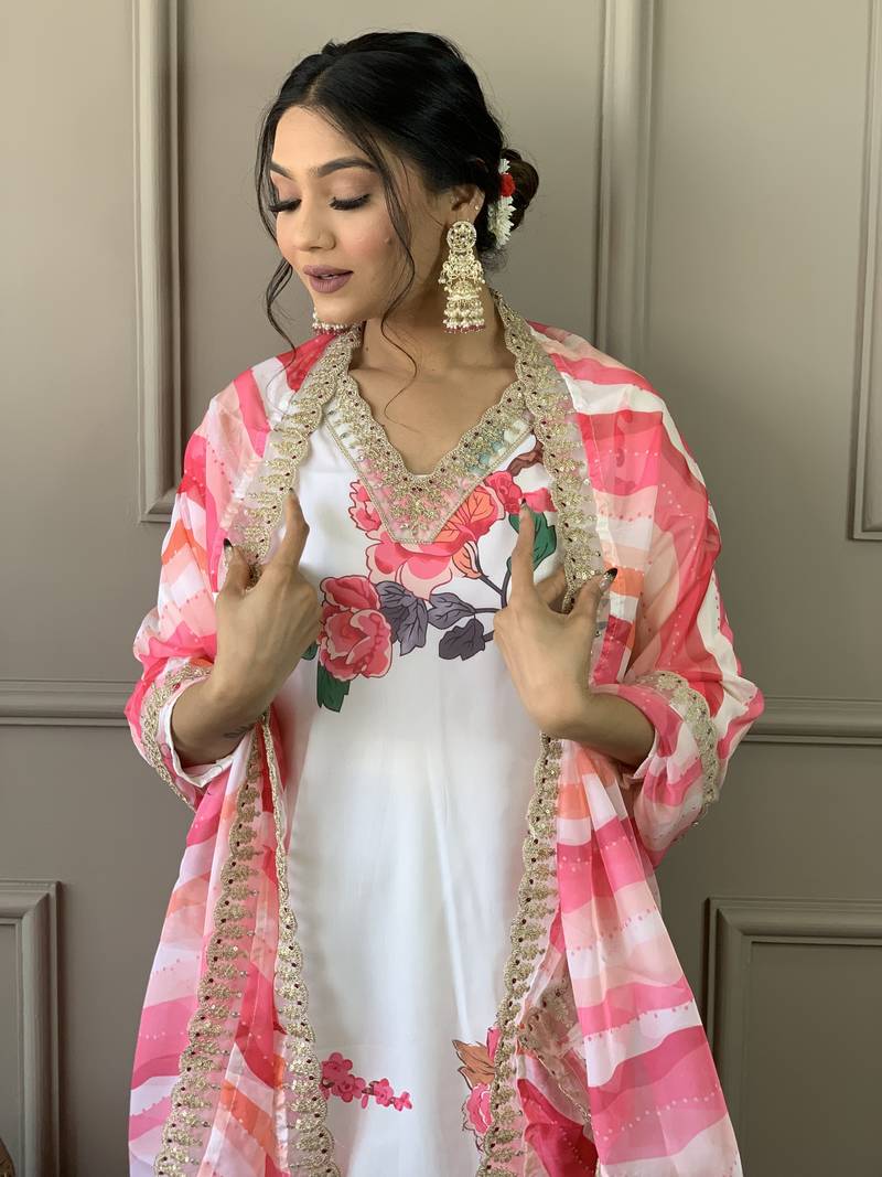 Muslin Fabric Printed and Embroidered work Straight cut Kurta Pant and Dupatta Set