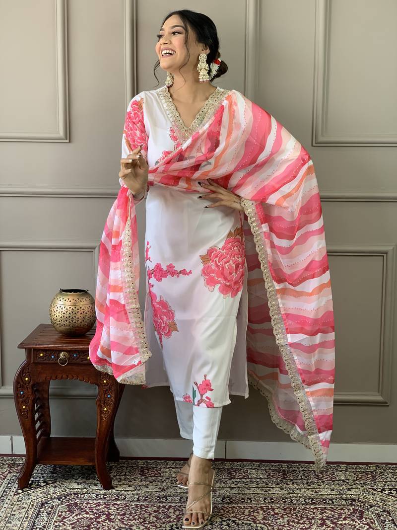 Muslin Fabric Printed and Embroidered work Straight cut Kurta Pant and Dupatta Set