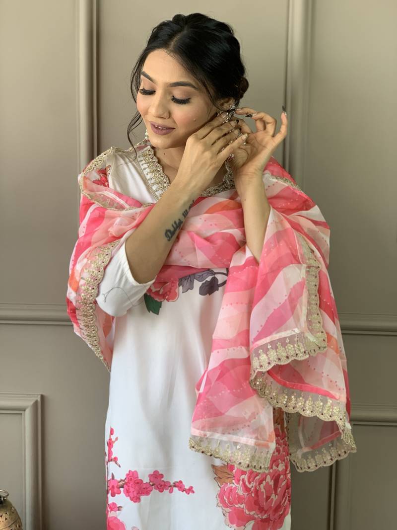 Muslin Fabric Printed and Embroidered work Straight cut Kurta Pant and Dupatta Set