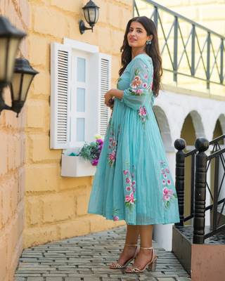 Kota Checks Festive Wear Digital Printed Sky Blue Dress 1