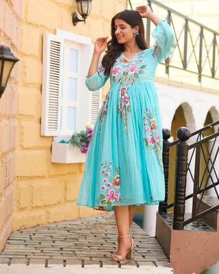 Kota Checks Festive Wear Digital Printed Sky Blue Dress 3