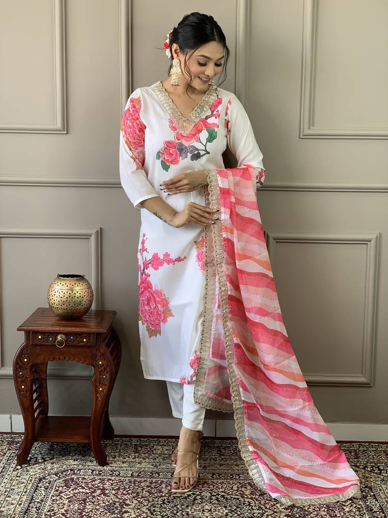 Muslin Fabric Printed and Embroidered work Straight cut Kurta Pant and Dupatta Set