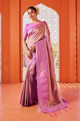 Pink Kumbhi silk bland Kanjivaram style festive wear zari border saree with Blouse 1