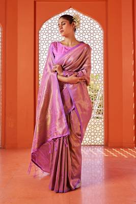 Pink Kumbhi silk bland Kanjivaram style festive wear zari border saree with Blouse 2