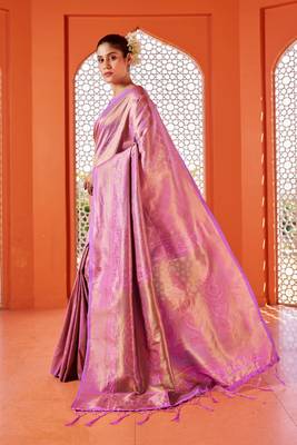 Pink Kumbhi silk bland Kanjivaram style festive wear zari border saree with Blouse 3