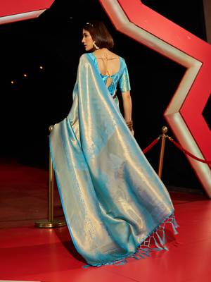 Sky Blue Kumbhi silk bland Kanjivaram style festive wear zari border saree with Blouse 3