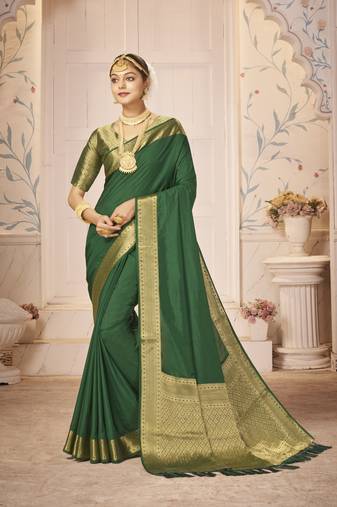 Green Zari Work Border Pure Dola Silk Party Wear Sree With Blouse