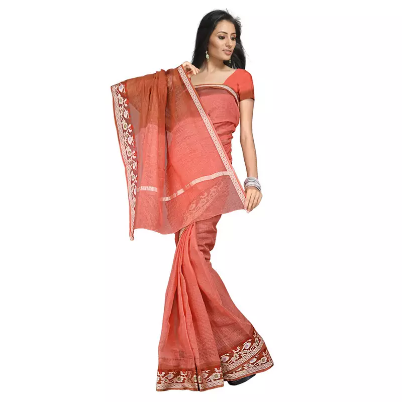 Fancy Kota Doria Pure Cotton Red Saree N Blouse Diwali Special Gift 106