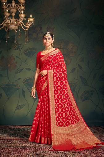 Red Zari Work Design Pure Georgette Party Wear Sree With Blouse
