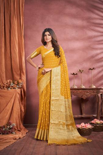 Mustard Zari Butti Work Pure Georgette Party Wear Sree With Blouse