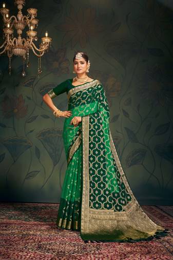 Green Zari Work Design Pure Georgette Traditional Wear Sree With Blouse