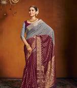 Grey Maroon Zari Work Design Pure Georgette Traditional Wear Sree With Blouse