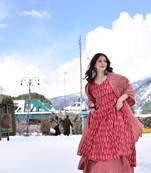  Pure Muslin Printed Festival Casual Palazzo Pant Salwar Kameez in Crimson Red