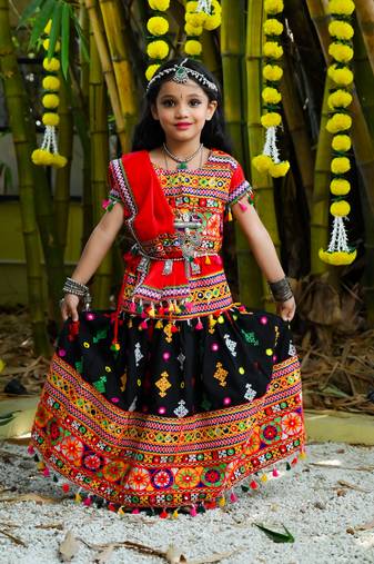 Banjara India Kutchi Embroidered Girls Lehenga Choli Set with Dupatta (CC-BTTA) - Black