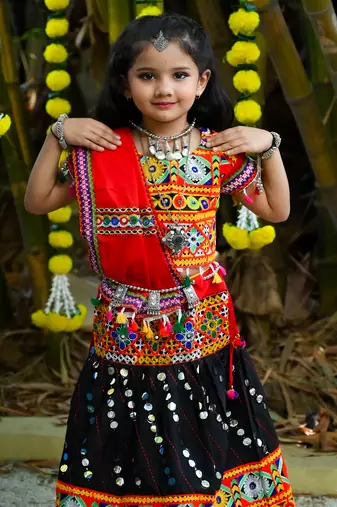 Banjara India Kutchi Work Embroidered Girls Lehenga Choli Set with Dupatta (CC-RSGL) - Black