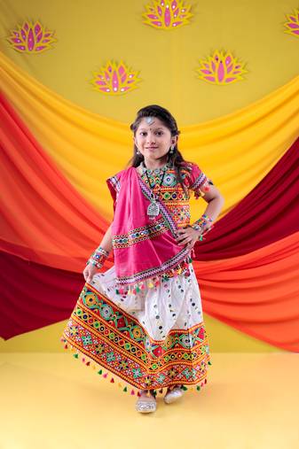 Banjara India Kutchi Work Embroidered Girls Lehenga Choli Set with Dupatta (CC-RSGL) - White