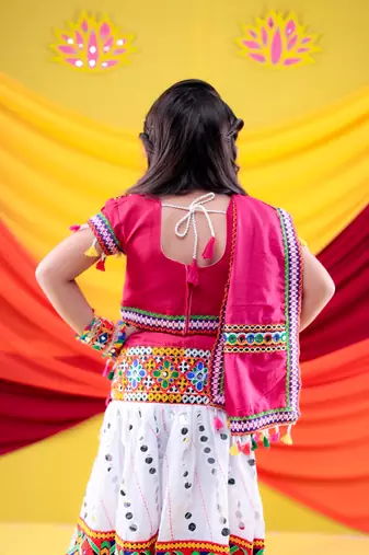 Banjara India Kutchi Work Embroidered Girls Lehenga Choli Set with Dupatta (CC-RSGL) - White