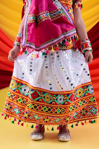 Banjara India Kutchi Work Embroidered Girls Lehenga Choli Set with Dupatta (CC-RSGL) - White