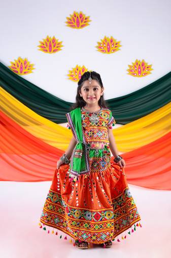 Banjara India Kutchi Work Embroidered Girls Lehenga Choli Set with Dupatta (CC-RSGL) - Orange