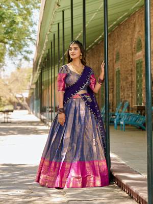Women's Kanjivaram With Zari Weaving Work Lehenga Choli Set  5