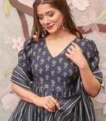   Pure Muslin Printed Festival Casual Palazzo Pant Salwar Kameez in cement grey color