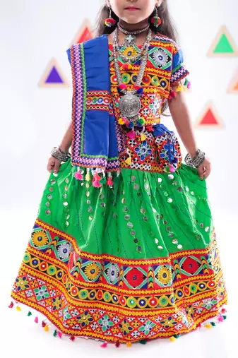 Banjara India Kutchi Work Embroidered Girls Lehenga Choli Set with Dupatta (CC-RSGL) - Green