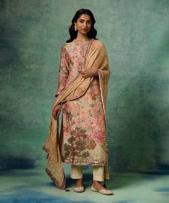 Beige muslin silk printed & embroidered kurta set 1