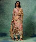 Beige muslin silk printed & embroidered kurta set