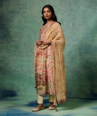 Beige muslin silk printed & embroidered kurta set 2