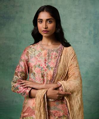 Beige muslin silk printed & embroidered kurta set 3