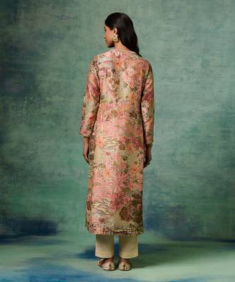 Beige muslin silk printed & embroidered kurta set 4