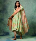Green dull crepe printed & embroidered kurta set