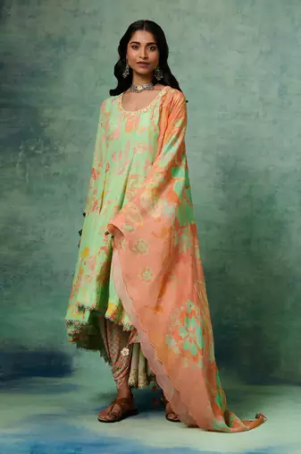 Green dull crepe printed & embroidered kurta set