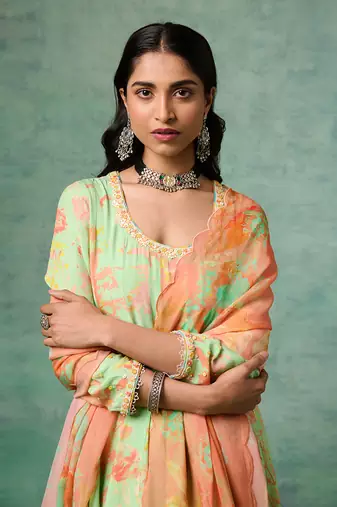 Green dull crepe printed & embroidered kurta set