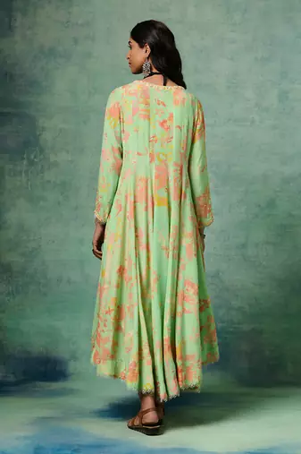 Green dull crepe printed & embroidered kurta set