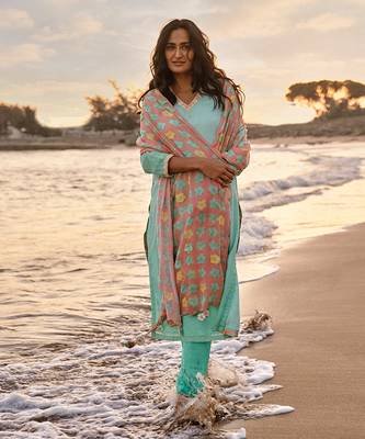 Green cotton linen kurta set 1