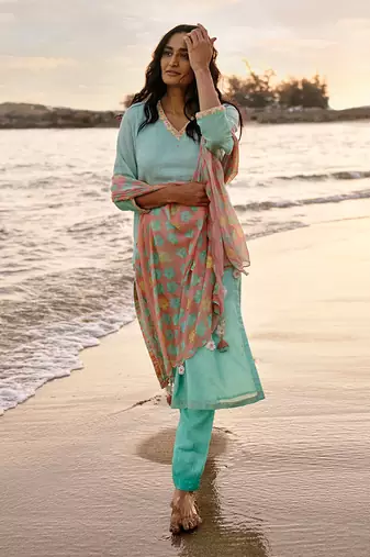 Green cotton linen kurta set