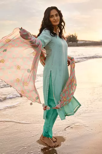 Green cotton linen kurta set