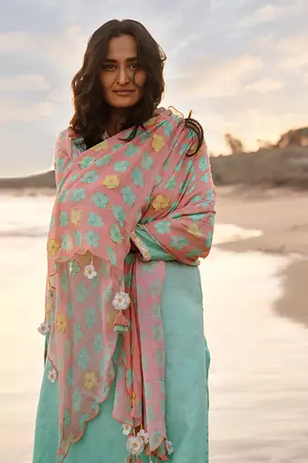 Green cotton linen kurta set