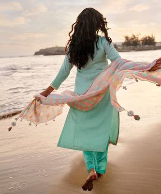 Green cotton linen kurta set 5